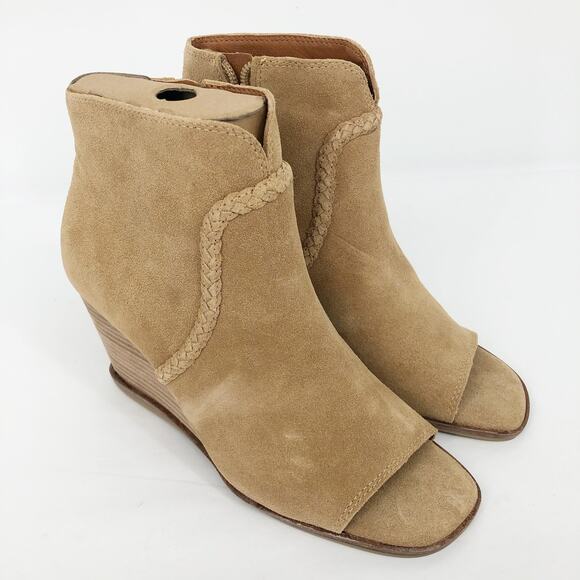 Lucky Brand Womens Lureli Wedge Booties 7.5 Tan Peep Toe Suede NWOB - Picture 4 of 10
